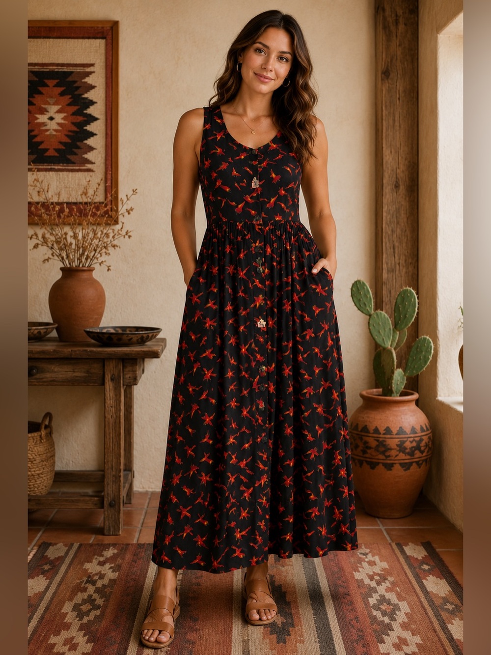 Carol Art Designs Dress Sz Small Black Sleeveless Chili Pepper Maxi Southwest